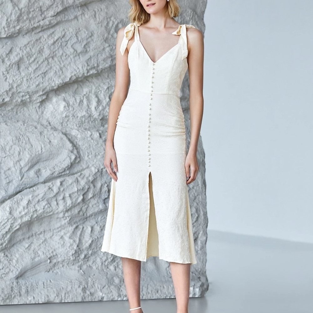 🆕 MOTF Fitted Tie Shoulder Jacguard Elegant Cream Sleeveless Midi Dress Sz S